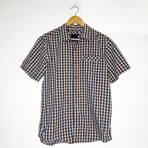 Prana Men’s Brown, Blue & White Plaid Short Sleeve Button-Up Shirt Size Large - Picture 1 of 5
